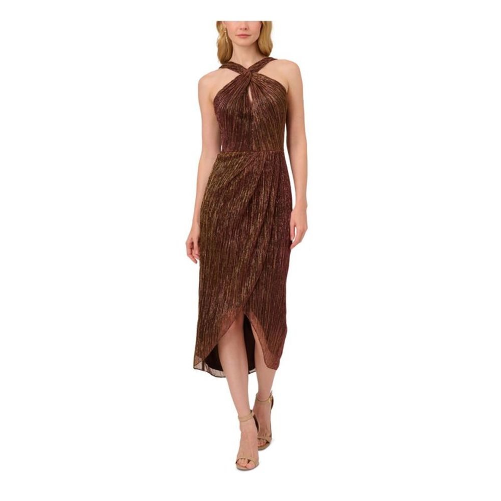 ADRIANNA PAPELL Womens Brown Crinkle-Lined Sleeveless Tea-Length Sheath Dress 14